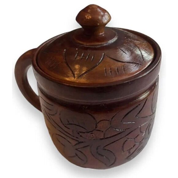 Curacao Tea Coffee Cup Mug w/lid Hand carved WOOD container storage keeper - Picture 1 of 5